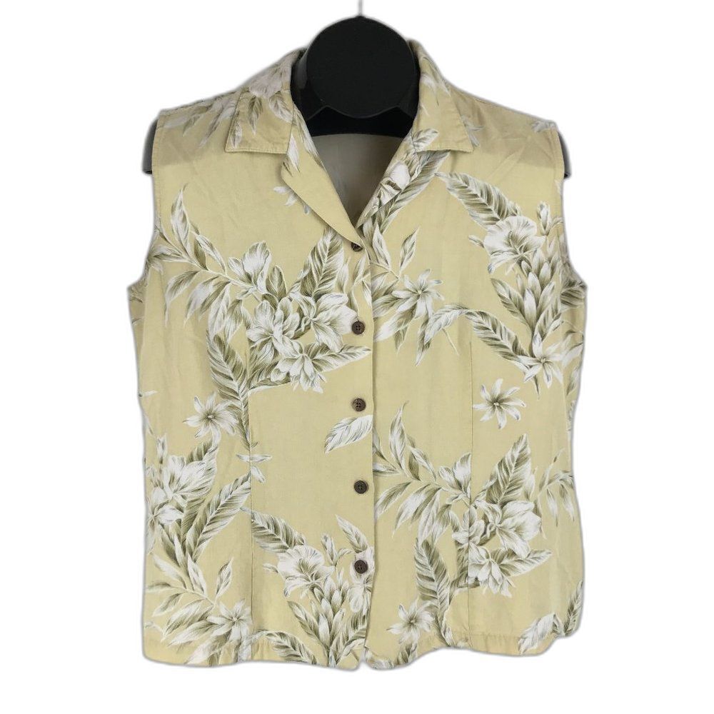 Hilo Hattie Floral Button Down Blouse Women's Large Yellow Sleeveless Tropical
